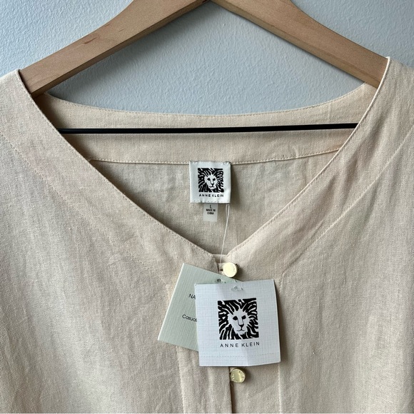 Anne Klein Top Blouse Shirt Career Linen Blended Solid Navy Blue Size L Large - Picture 2 of 12